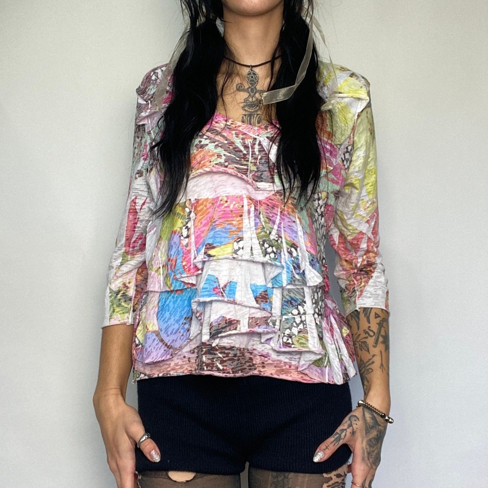 Paris Blues Multicolor Abstract Print Ruffle Layered 3/4 Sleeve Babydoll Top M